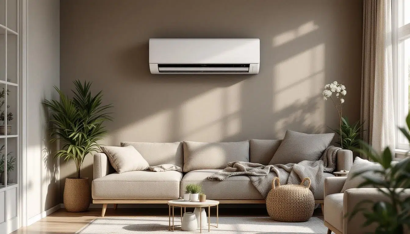 Salon moderne avec climatisation murale, plantes et canapé