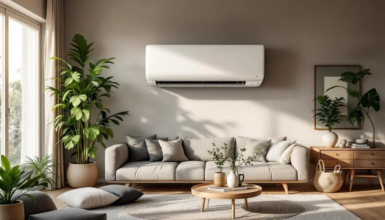 Salon moderne avec canapé, plantes et climatisation.