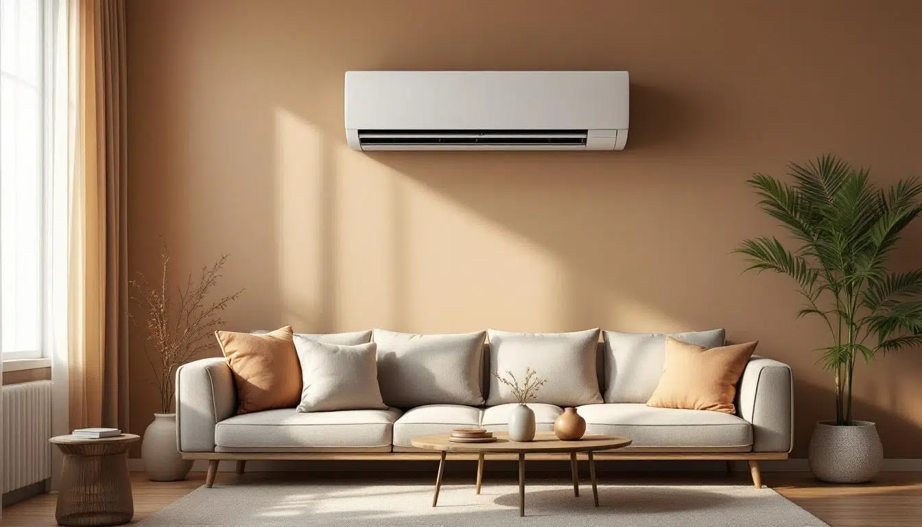 Salon moderne avec canapé, plante et climatisation