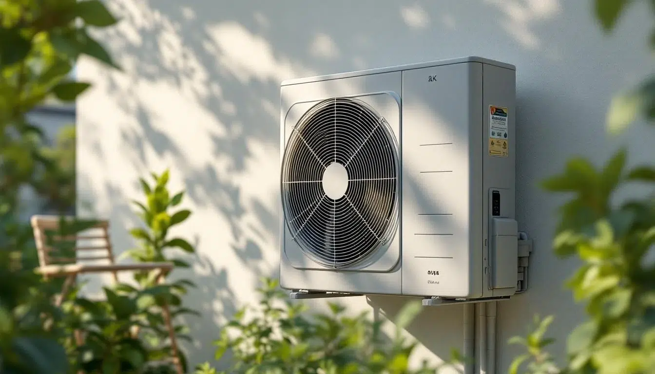 Pompe à chaleur sur mur extérieur, entourée de verdure.