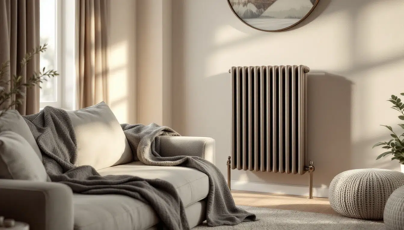 Salon confortable avec radiateur moderne et canapé beige.