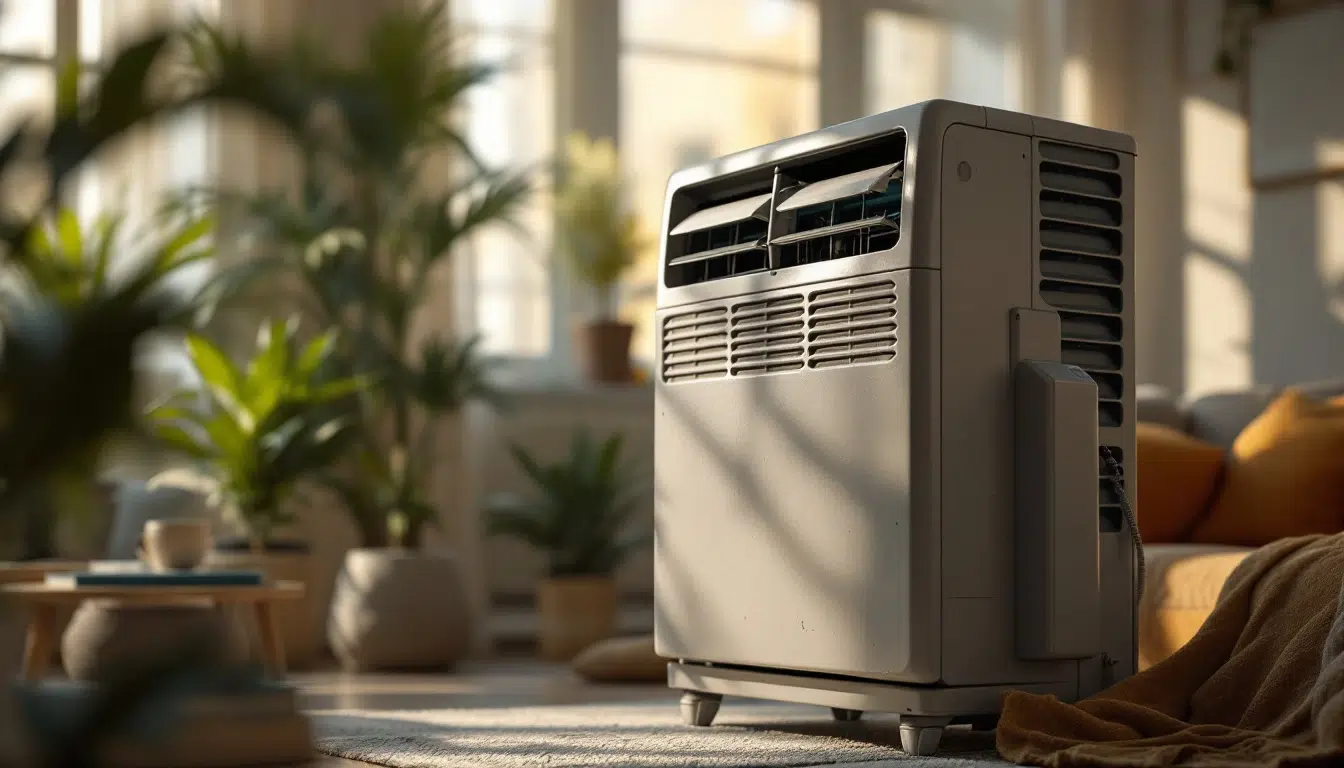 Climatiseur portable dans un salon lumineux.