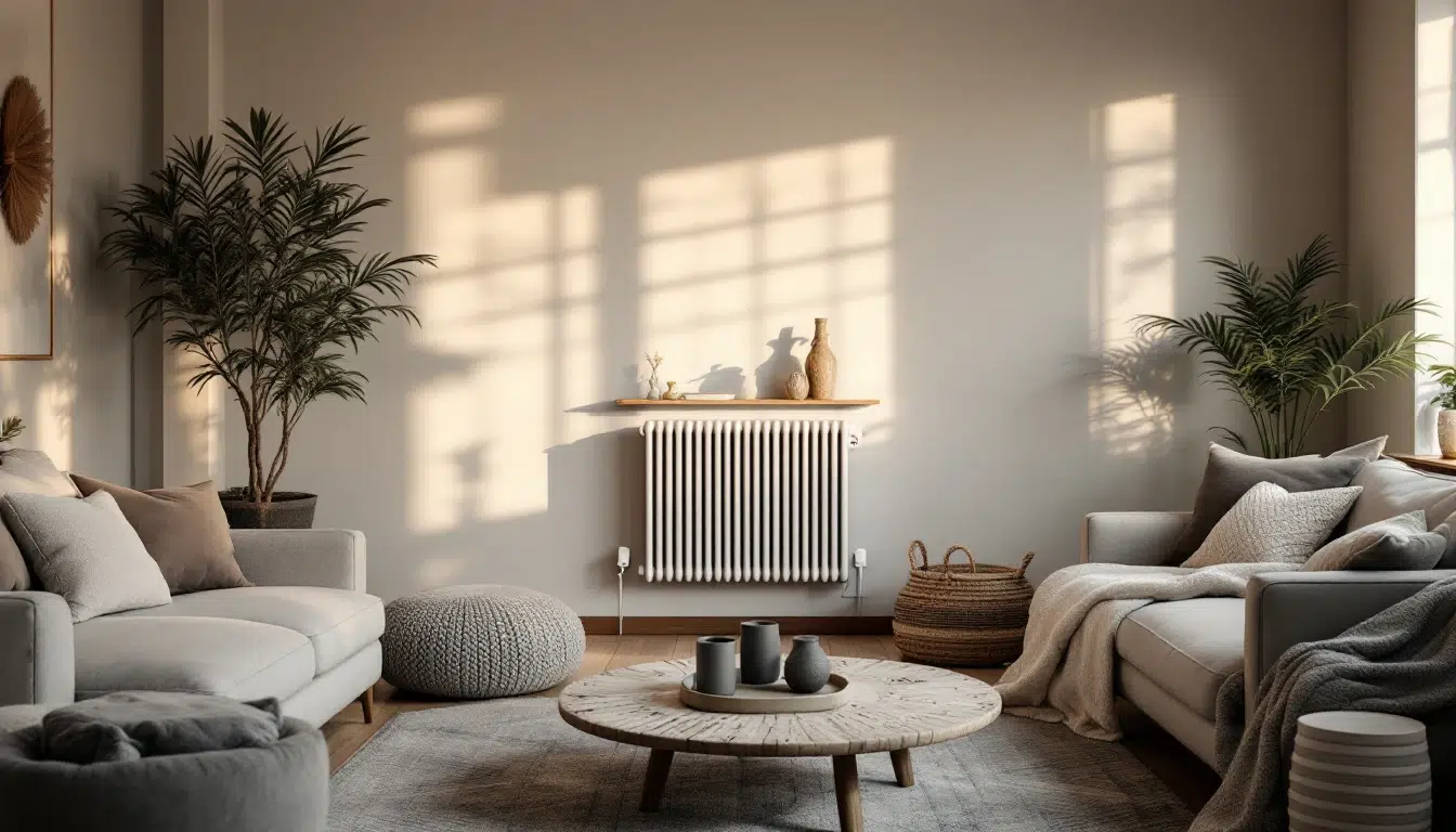 Salon élégant avec plantes et canapé beige