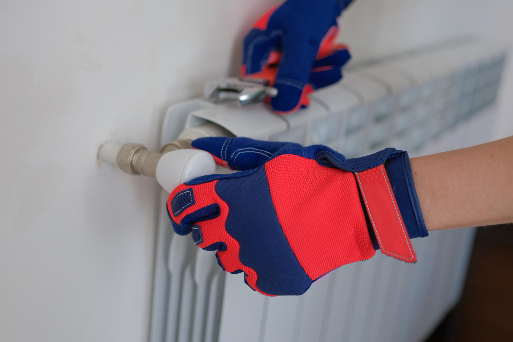 Réparation de radiateur par technicien ganté.