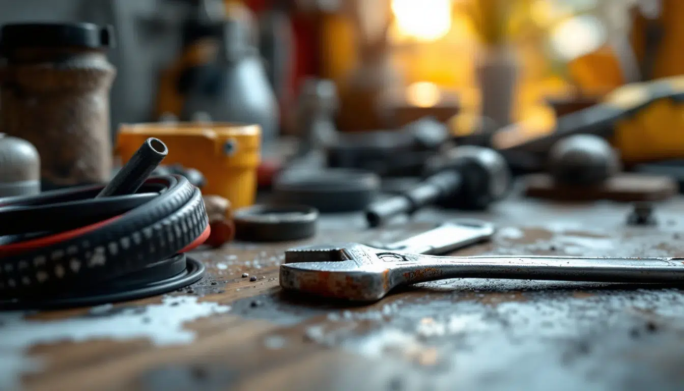 Clé anglaise sur un établi encombré d'outils.