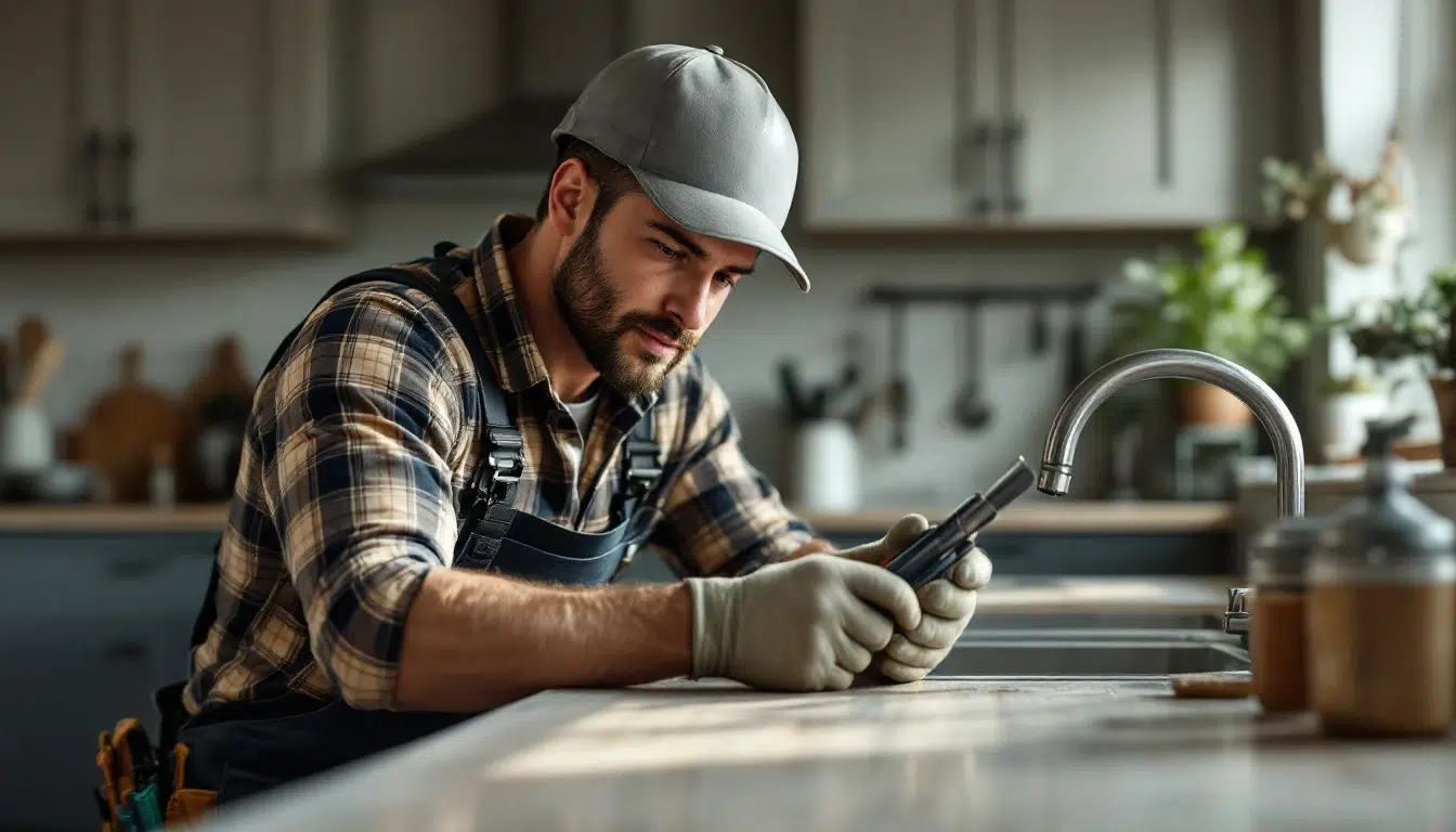 Plombier répare robinet dans cuisine moderne