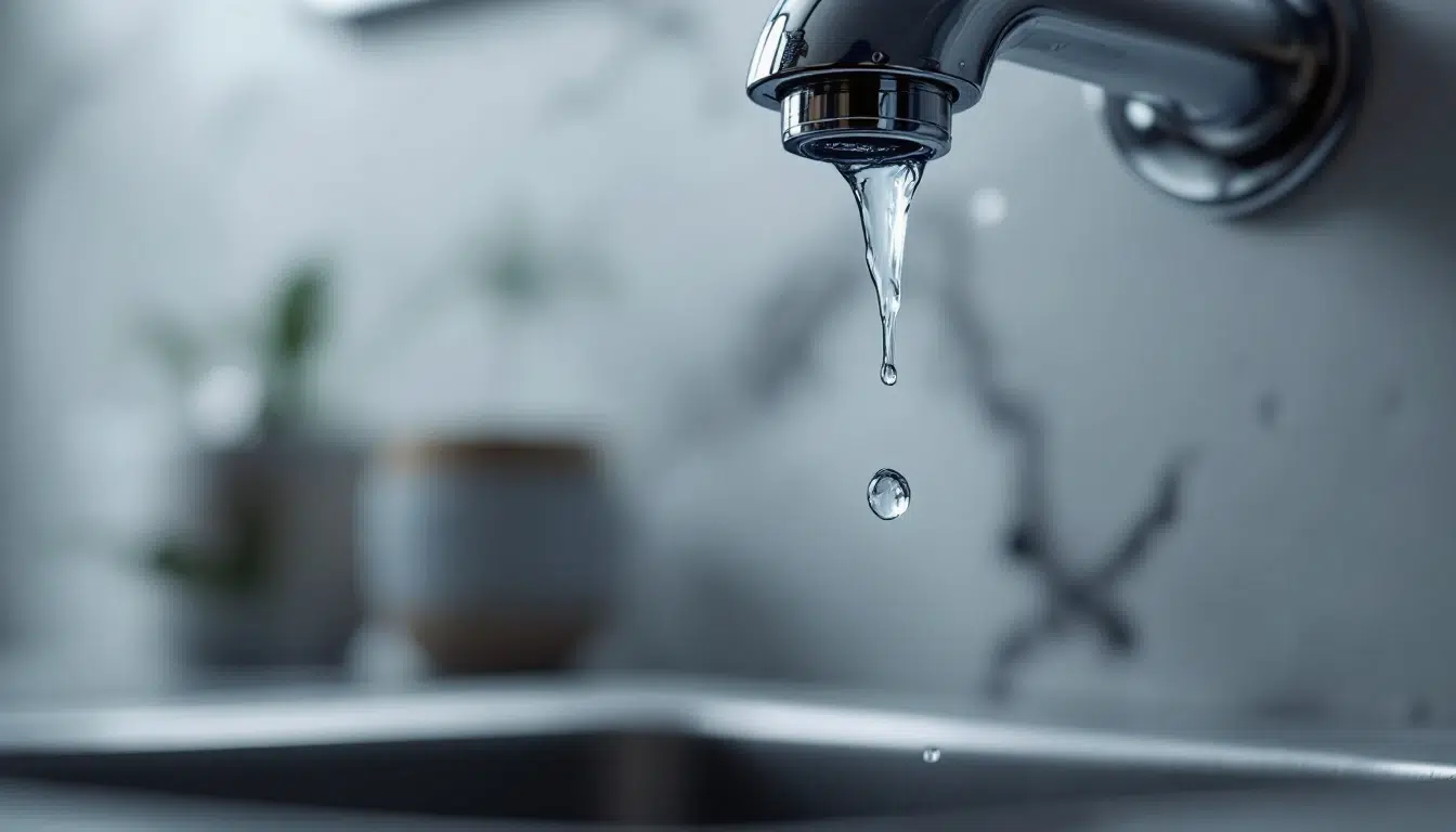 Goutte d'eau tombant d'un robinet en métal