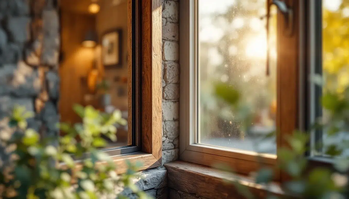 Fenêtre en bois, lumière soleil traversant.