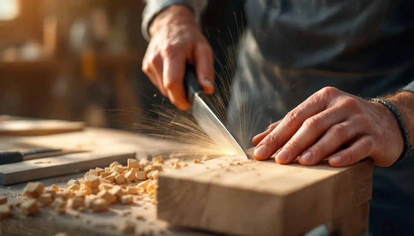 Homme taillant le bois avec un couteau